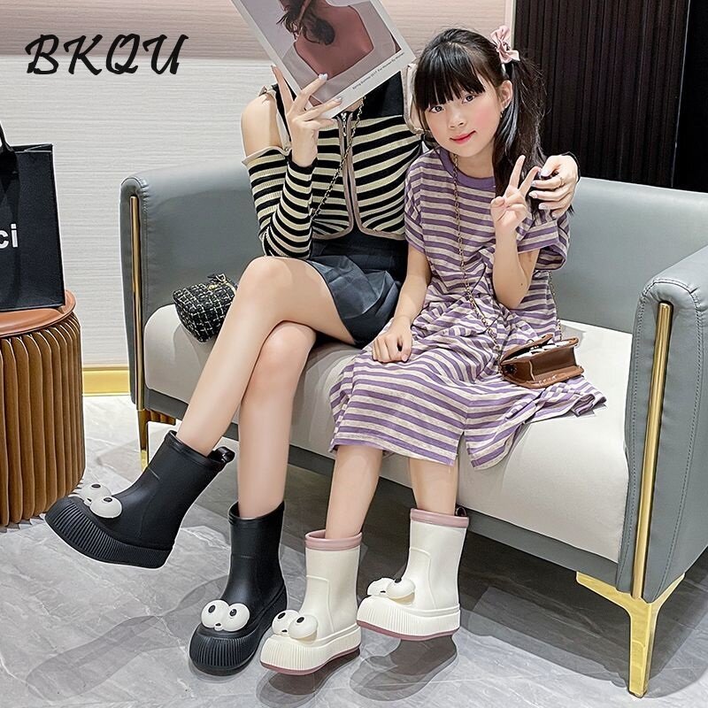 BKQU 2024 Cute Plus Fleece Adult Fashion Outside To Wear Cute Middle Anti-slip Rain Boots Wear-resistant Waterproof Rubber Shoes
