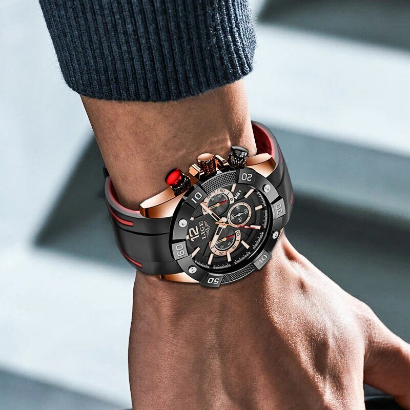 Lige นาฬิกาข้อมือควอตซ์แนวสปอร์ตสำหรับผู้ชาย, นาฬิกาข้อมือทหารโครโนกราฟนาฬิกาบอกวันที่เรืองแสงนาฬิกาสำหรับผู้ชาย relogio masculino + กล่อง