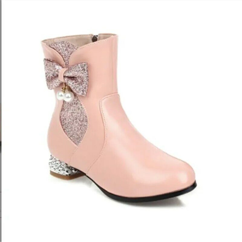الخريف الشتاء الفتيات الأحذية نمط جديد الحلو القوس سستة منتصف الأحذية عالية الكعب الأحذية النسائية الوردي لوليتا طالب الأحذية حجم كبير 28-43