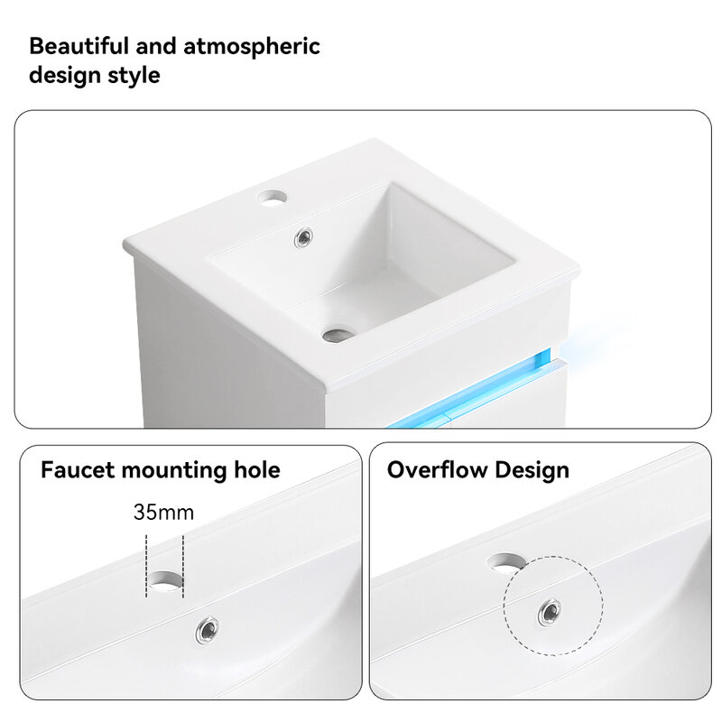16 Inch Wall Mounted Bathroom Vanity Bathroom Cabinet With Ceramic Sink Sensing Light Overflow Hole 2 Doors Vanity Cabinet