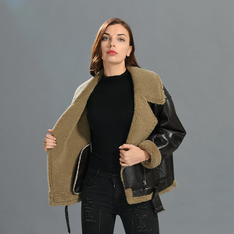 Luxyonuo-abrigo de piel de oveja para mujer, chaqueta de piel de oveja auténtica, abrigo de mangas completas con cremallera, ropa de invierno