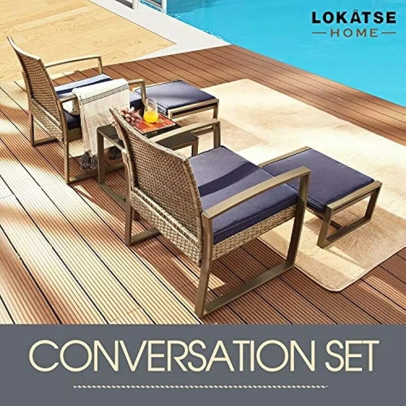 5 pezzi Set conversazione in vimini Patio PE Rattan sedie imbottite per tutte le stagioni portico balcone con pouf e tavolino in vetro