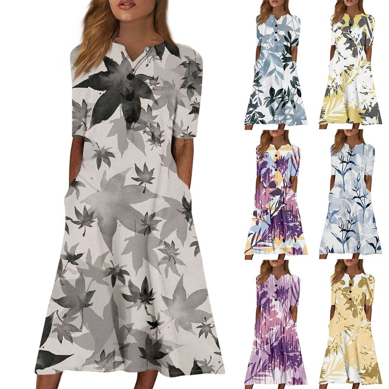 Damen Sommer lässig bedruckte V-Ausschnitt Kurzarm Swing Kleid Damen bekleidung Streetwear Vestidos Femenino