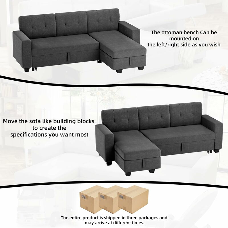 Диван-кровать двухсторонний трансформируемый диван-кровать выдвижные кушетки с кушеткой для хранения, мебель из льняной ткани для комнаты, темно-серый, 1 комплект