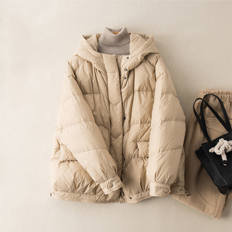 여성용 오버사이즈 덕 다운 코트, 따뜻한 두꺼운 후드 재킷, 블랙, 가을 캐주얼 포켓 파카, ED1705, 겨울 패션