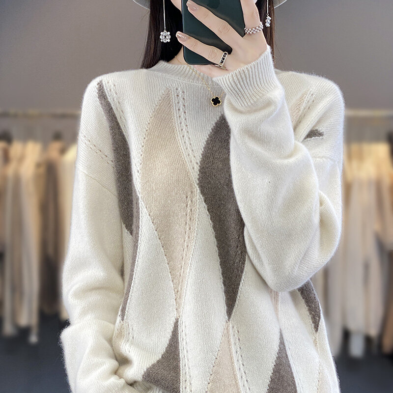 Sweater wol wanita leher bulat, jaket warna kontras lembut longgar Mode Korea, Pullover leher bulat 100% musim gugur/musim dingin baru