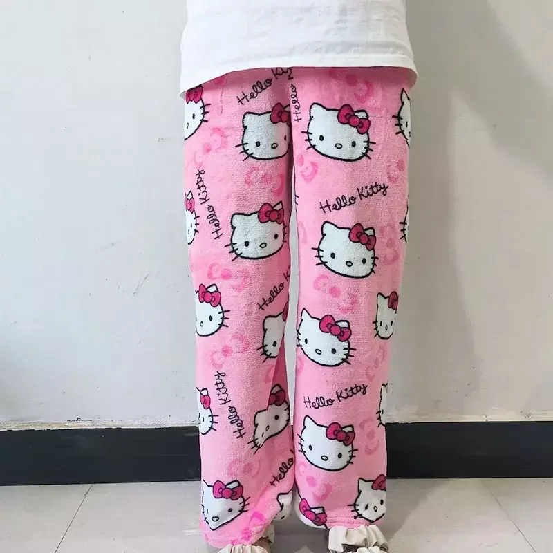 Sanrio-Calça de pijama feminina Hello Kitty, tecido elástico duplo, calças macias, desenho kawaii, prenda de aniversário, anime, novidade