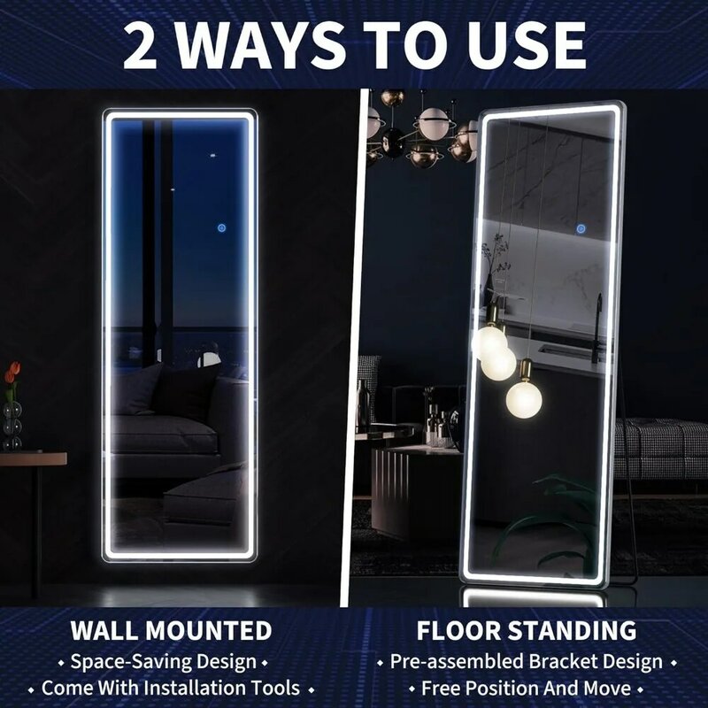 กระจก LED แบบเต็มความยาว60 "x 16" มีไฟกระจก LED ติดผนังกระจกแขวนพร้อมขาตั้งฟรี