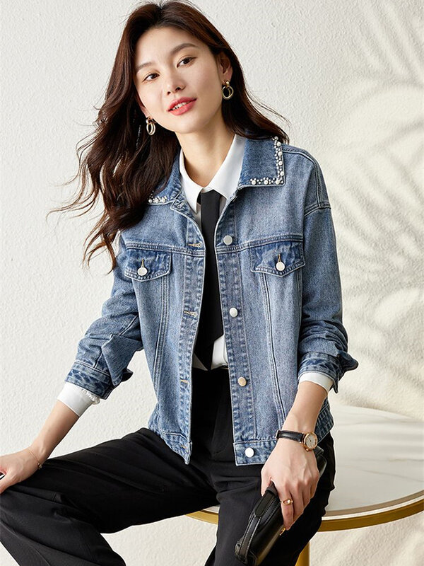 2024 Streetwear Dames Kralen Denim Korte Jas Vrouwen Lente Herfst Blauwe Jean Bovenkleding Casual Tops Koreaanse Losse Jacks