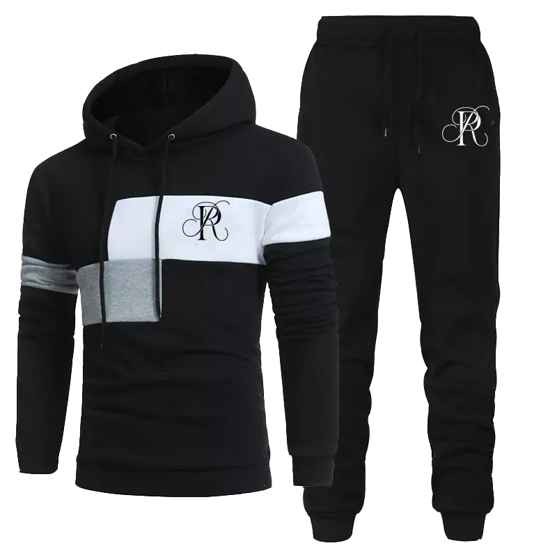 Pakaian olahraga pria, baju Sweater dan celana olahraga bertudung bercetak, musim gugur dan dingin dua potong ukuran Plus untuk lelaki