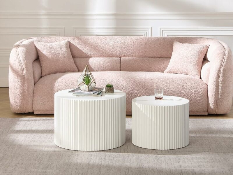 Nesting Coffee Table Set of 2 Round Wooden Coffee Tables Cocktail End Drum Coffee Table for Living Room Matte White