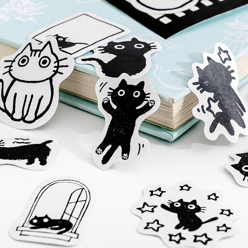 Boîte d'autocollants décoratifs Kawaii petit chat noir, étiquette de scrapbooking, album de papeterie pour journal intime, licence de journal de téléphone, 45 pièces