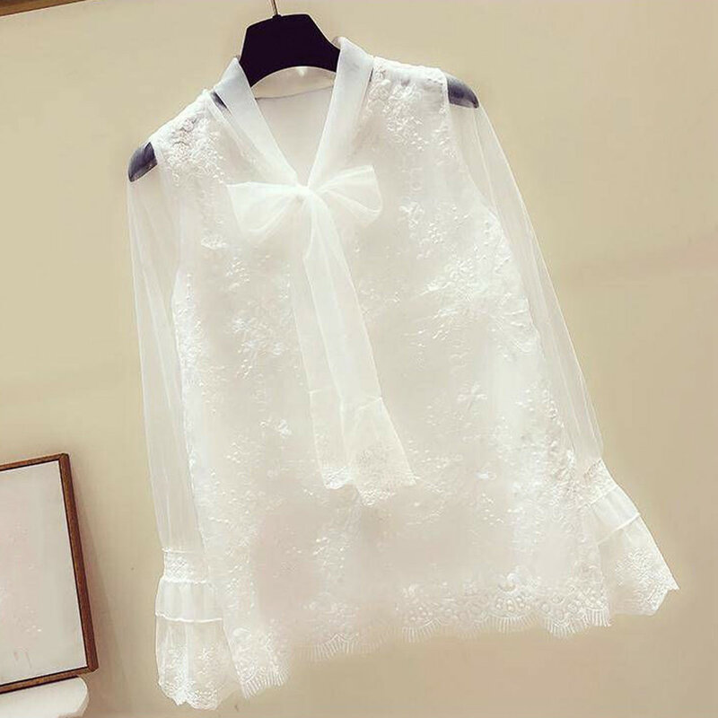 Women Fashion Casual Solid Color Lace V-Neck Bow Tie Collar Hook Flower Shirts Long Sleeve Elegant Temperament Sweet Loose Tops