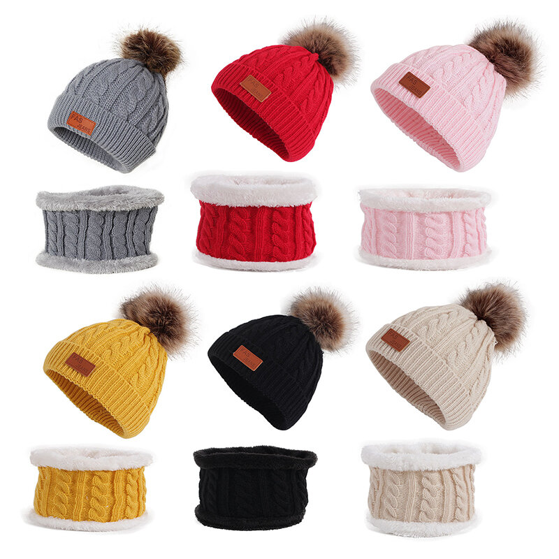 2pcs/set Winter Knitted Children Beanie Cap Scarf Set Kids Pompom Hat Scarf Suit Outdoor Thick Warm Accessories