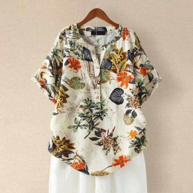 Women Printed Top Half-open Collar Blouse Floral Print Retro Blouse Casual O-neck Tee Shirt Loose Fit Women's Summer Tops