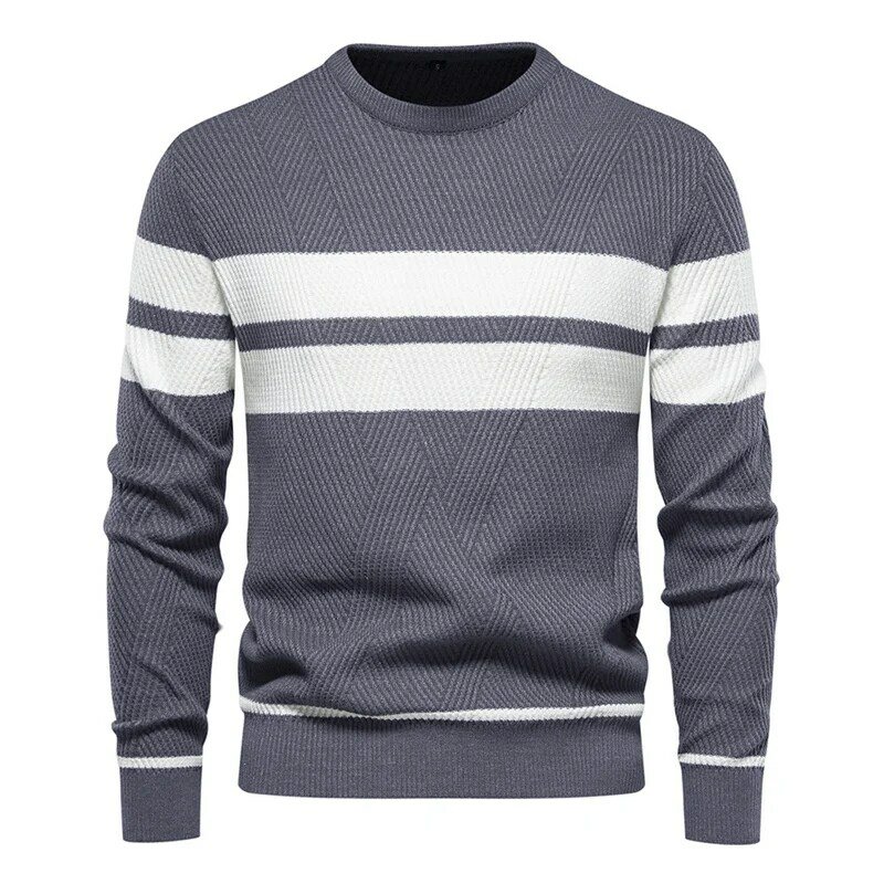 Autumn Winter Men's Casual Striped Knitwear Long Sleeve Round Neck Sweater Handsome Color Matching Pullover Bottom Knit Shirt