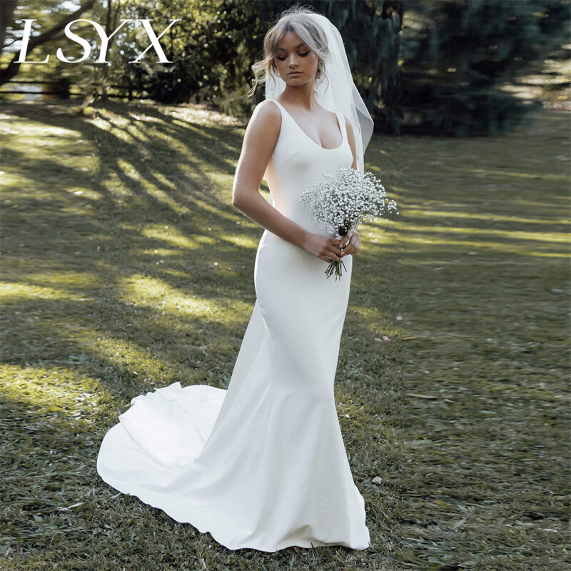 LSYX sederhana tanpa lengan kancing busur gaun pernikahan putri duyung gaun pengantin panjang lantai belakang terbuka Crepe seksi buatan khusus