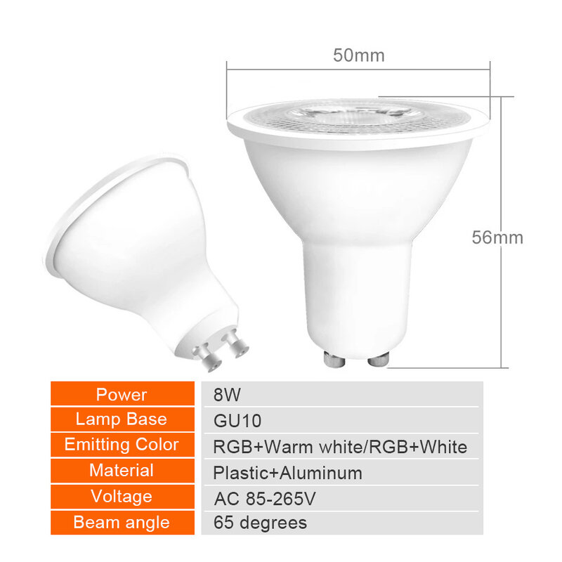 Bombilla LED GU10 RGB con Control remoto, iluminación nocturna de Ambiente, luces decorativas cambiables, blanco cálido, 8W, IR, 85-265V, 4 Uds.