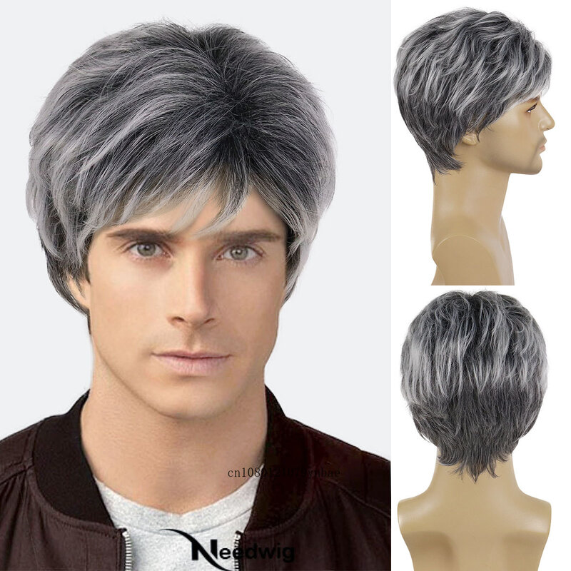 Short Mix Grey Wig Natural Synthetic Hair Layered Wigs with Bangs for Old Men Guy Heat Resistant Daily Cosplay Costume Daddy Wig