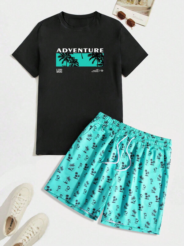 Мужская пляжная летняя футболка с монограммой и короткими рукавами и шорты, 2 предмета, Повседневная и удобная летняя одежда для отдыха на открытом воздухе