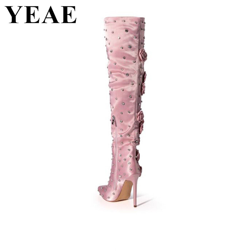 Botas por encima de la rodilla con diamantes de imitación para mujer, zapatos de tacón alto, Stiletto de punta estrecha, diseño de flores, color rosa