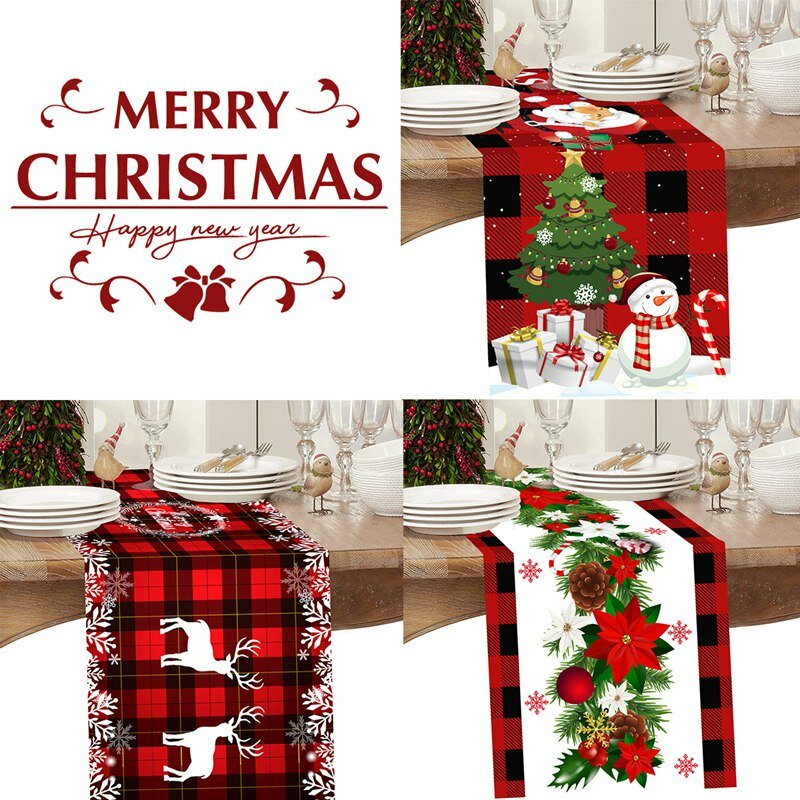 Christmas Table Runner Polyester Xmas Table Flag Cover 2023 Merry Christmas Decorations for Home 2024 New Year Tablecloth