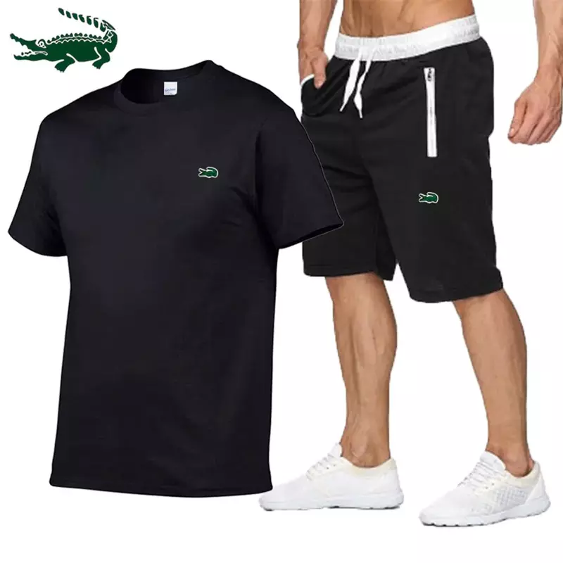 Kaus bordir untuk pria baru musim panas setelan Olahraga kaus lengan pendek katun + celana pendek Sweatpants Jogging pakaian pria