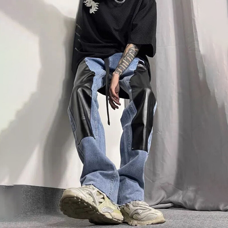 Americano de alta rua couro do plutônio emenda calças jeans tamanho grande na moda marca masculina hiphop calças casuais harajuku estilo moda calças