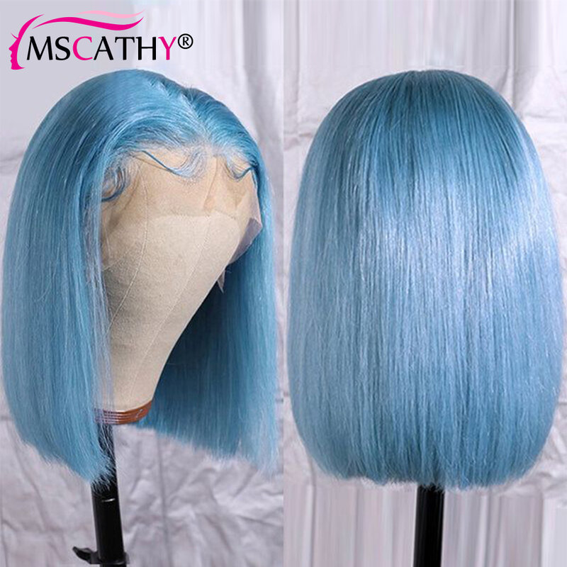 13x4 Wig depan renda biru terang Wig rambut manusia Remy Brasil lurus pendek untuk wanita Wig Frontal renda transparan HD