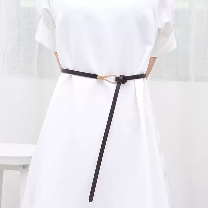 Sabuk kulit asli wanita, Korea sederhana kulit kurus gesper logam ikat simpul tipis pinggang untuk gaun dapat disesuaikan