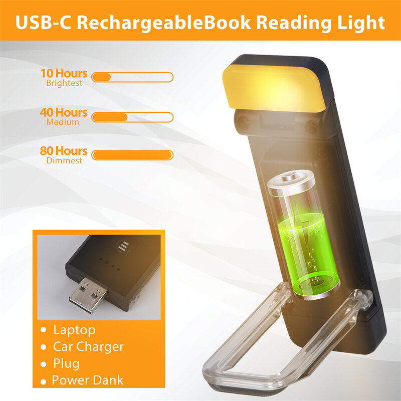 Clip-on Bookmark Book Light com temporizador, USB recarregável luz de leitura, Mini LED luz de leitura, portátil cabeceira Desk Lamp