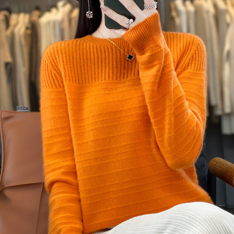 Бесшовная готовая одежда, 100% чистый шерстяной свитер, Женский пуловер с круглым вырезом и длинным рукавом, вязаный осенне-зимний полосатый свитер