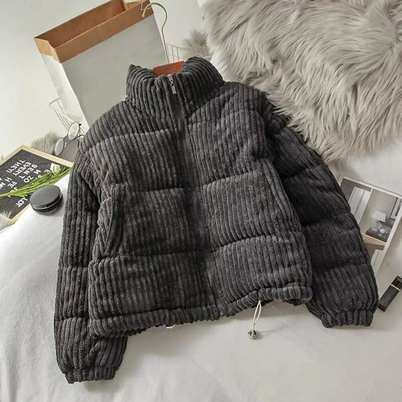 Women Solid Color Jacket Striped Texture Stand Collar Winter Coat for Women with Heat Retention Neck Protection Loose Thick Long