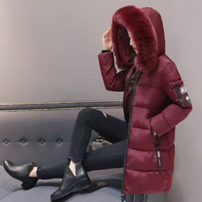 Casaco longo de inverno feminino com capuz, casaco quente, peles falsas, parka de senhora do escritório, casacos femininos, novo, 2023