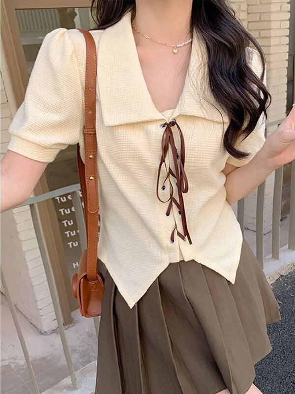 Jmprs koreanische Schnürung süßes Hemd Frauen Mode drehen Kragen niedlichen Bluse lässig Kurzarm unregelmäßig weibliche Design Tops neu