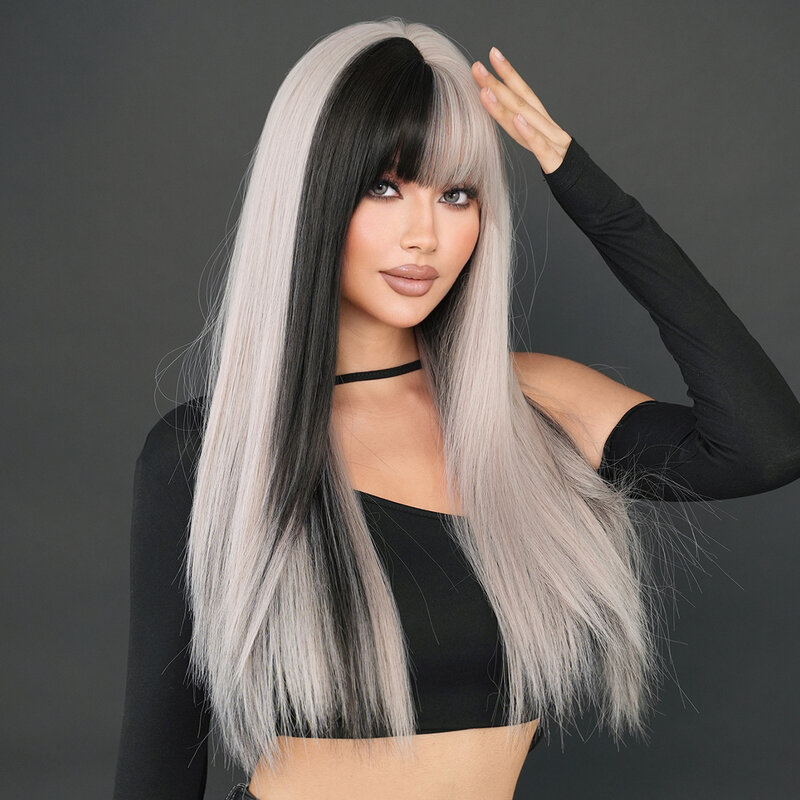 7JHH WIGS Long Straight Black Ombre Silvery Wigs with Neat Bangs High Density Heat Resistant Synthetic Hair Wigs for Women Party