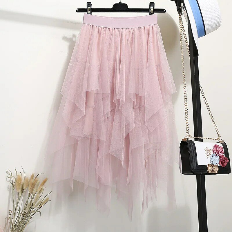 Women Cake Skirt Irregular Fluffy High Waist Gauze Ladies Skirts Summer Korean Tulle Skirt New Clothing Streetwear