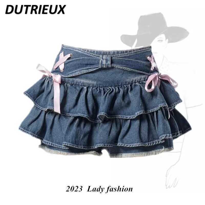 Sweet Cute Girls' Blue Denim Pleated Short Skirt Hot Girl A- Line Slimming High Waist Lace-up Pettiskirt Mini Kawaii Skirts
