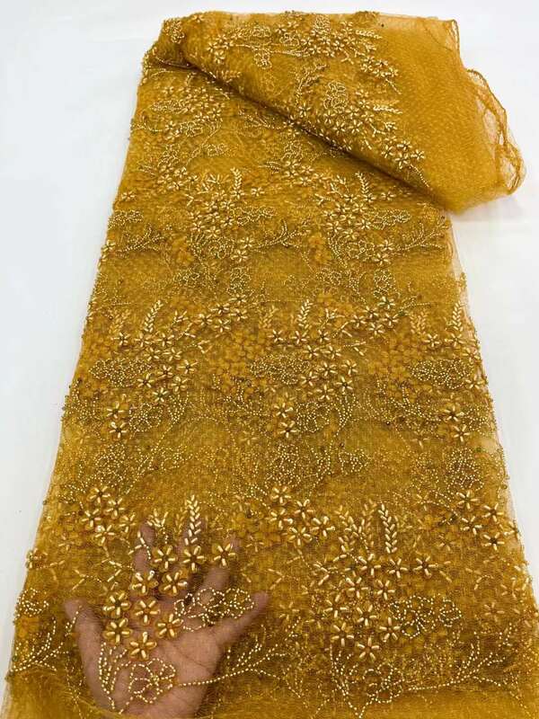 Tessuto di pizzo netto con perline ricamo africano 2023 pizzo di alta qualità 5 yarde materiale nigeriano del tessuto di pizzo dello sposo francese per il matrimonio