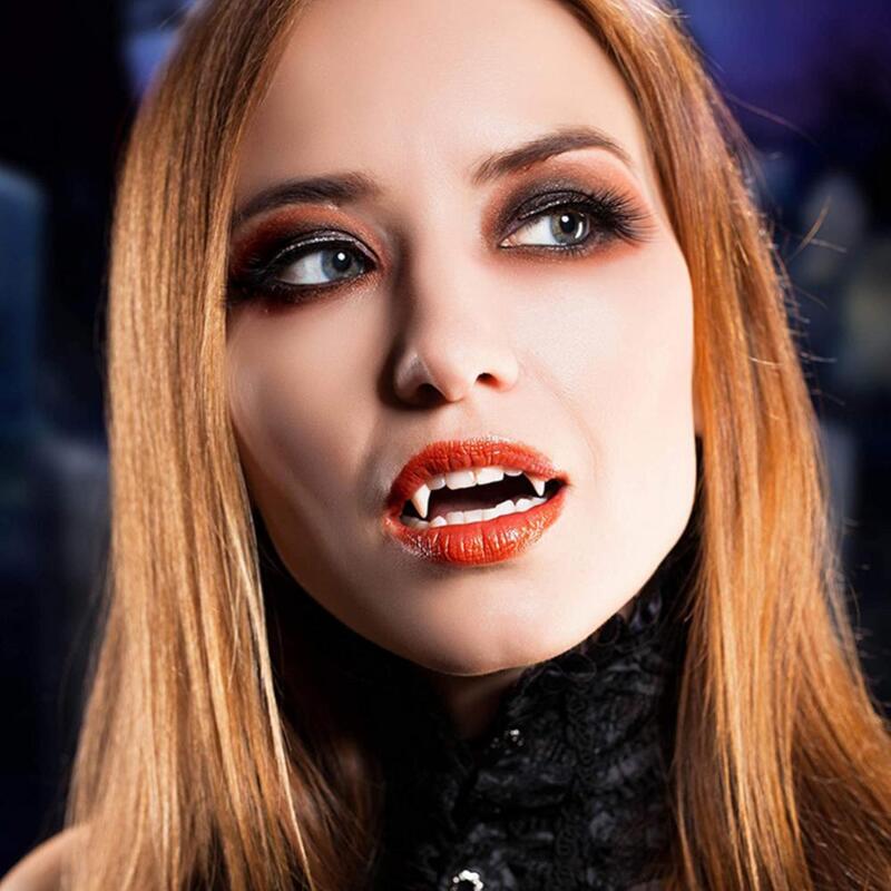 1 par dia das bruxas dentes de vampiro dentes dentaduras prop festa traje diy cosplay adereços decoração dentes falsos presas de resina com cola sólida