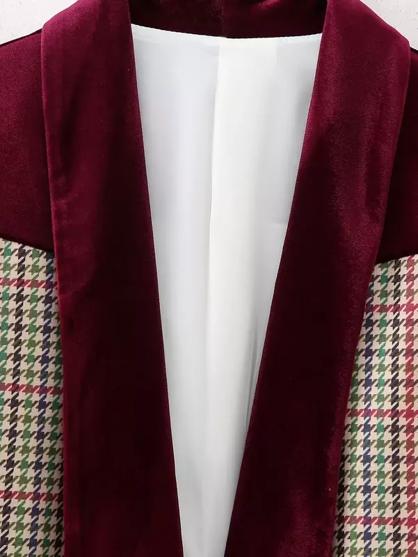 袖付きウールチェック柄スーツ,レディースロングトップス,カジュアルベルベットコート,ボタン1つ,レトロなポケット,新しいファッション