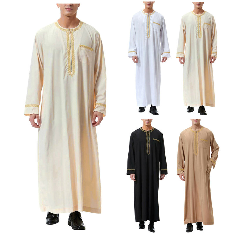 Robe musulmane pour hommes, robe arabe, manches longues, poche brodée, longue chemise, manteau moyen