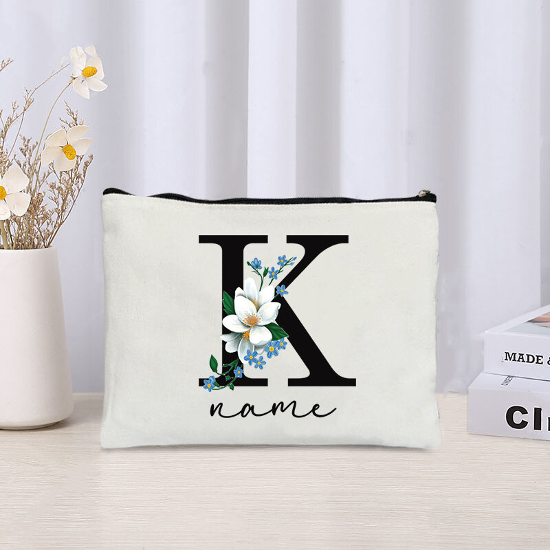 Camellia Initial Canvas Makeup Case Custom Name Travel Toilet Cosmetic Bag Pouch Women Lipstick Skincare Item Teacher Gifts