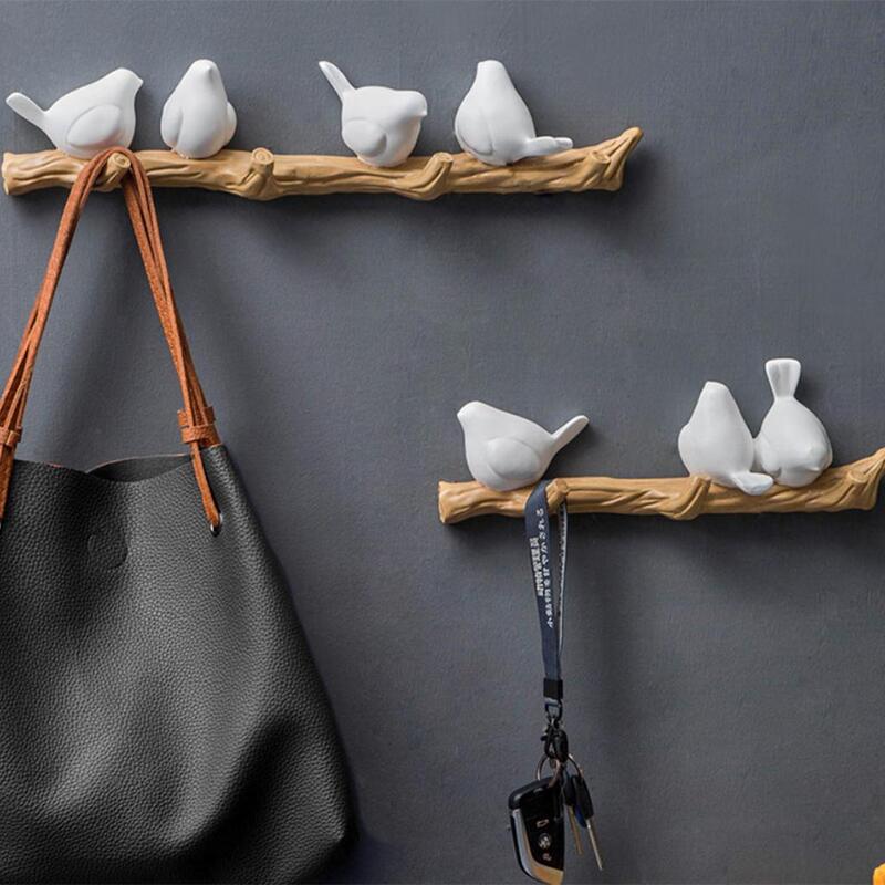 3D Resin Bird Hangers Birds on Branch Wall Mounted Coat Robe Hook Hat Bag Keys Organizer for Home Kitchen Living Room Door Hooks