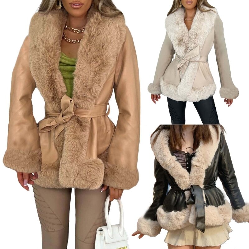 여성용 인조 가죽 자켓 패션 모피 칼라 겨울 따뜻한 파카 자켓 벨트가있는 긴 소매 V 넥 코트
