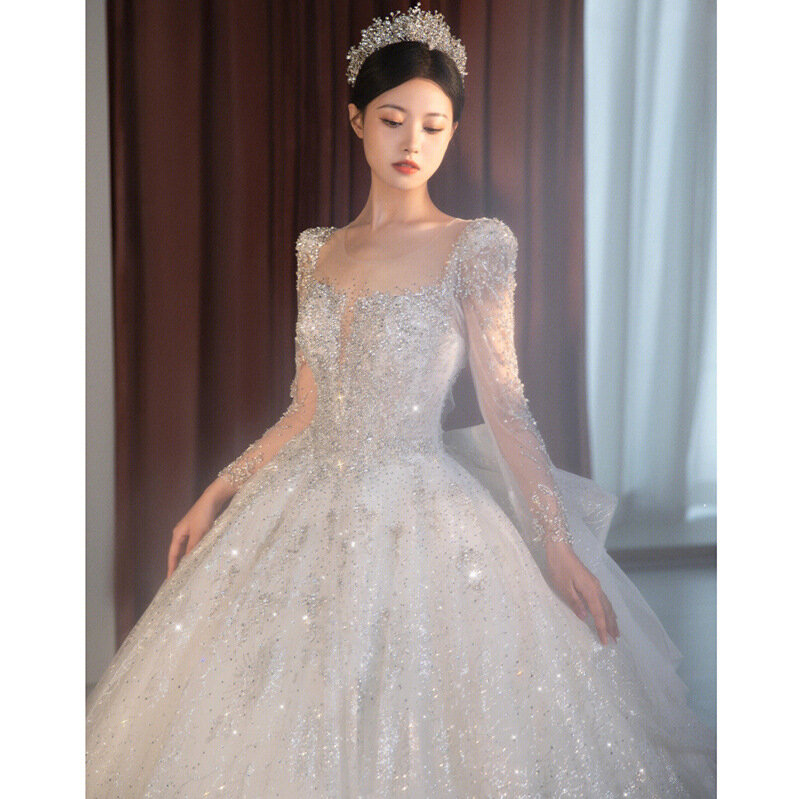 2023 Langarm Perlen Brautkleid sexy durchsichtig quadratischen Kragen Luxus Sweep Zug Winter Brautkleider vestido de noiva