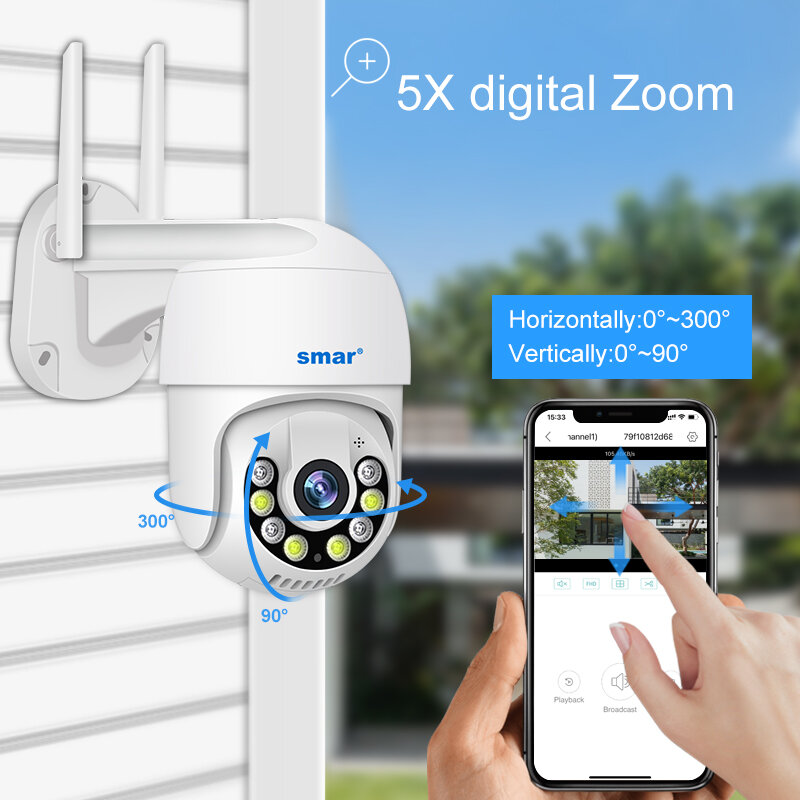 Smar-Caméra de surveillance extérieure PTZ IP WiFi HD 3MP/1080p, dispositif de sécurité sans fil, avec IA, suivi automatique, vision nocturne et audio bidirectionnel