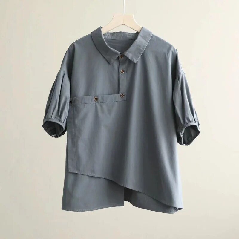 Camisa e blusa irregular de algodão feminino, manga bolha elegante coreana, blusa de fivela oblíqua fina solta, nova, verão 2024