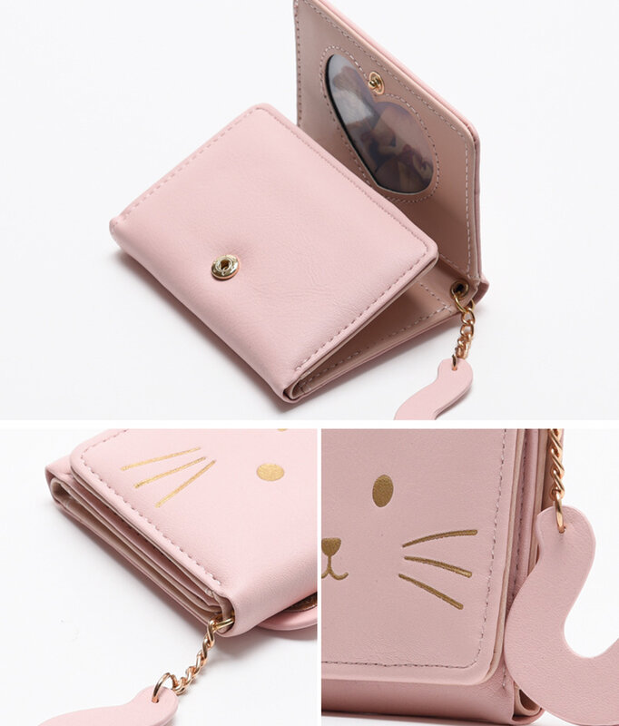 Dompet wanita dompet kucing kartun untuk wanita dompet lipat kulit berubah Anak perempuan dompet kartu kredit Bank portabel pengait dompet 2024