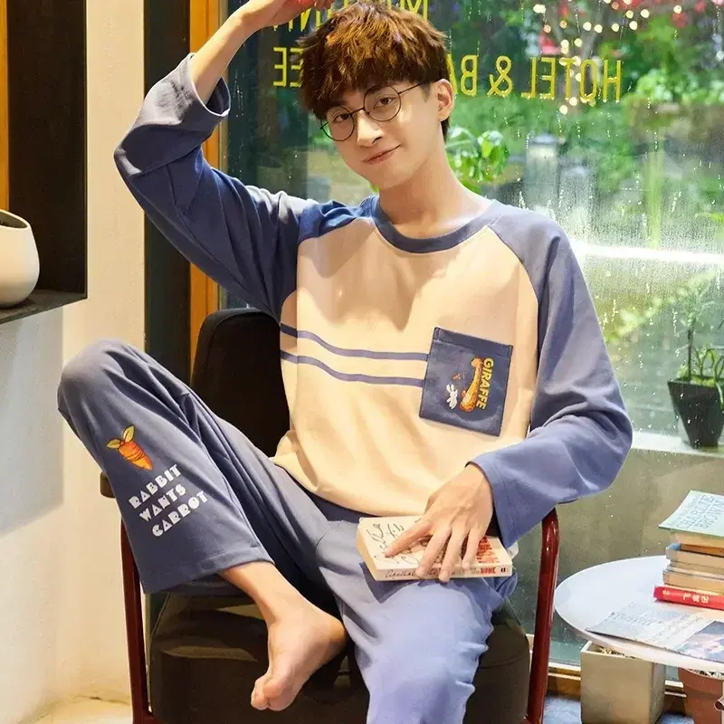 Pjs Spring Sleeves Long Nightwear Cotton Tops Men Male Sleeping Trousers Home Casual Cartoon Homme Pijamas For Clothes Suit
